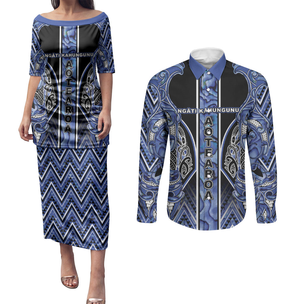 Aotearoa Ngati Kahungunu Couples Matching Puletasi and Long Sleeve Button Shirt Maori Tribal Blue Paua Shell Pattern DT05 Blue - Polynesian Pride