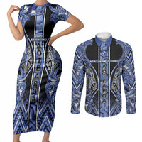 Aotearoa Ngati Kahungunu Couples Matching Short Sleeve Bodycon Dress and Long Sleeve Button Shirt Maori Tribal Blue Paua Shell Pattern DT05 Blue - Polynesian Pride