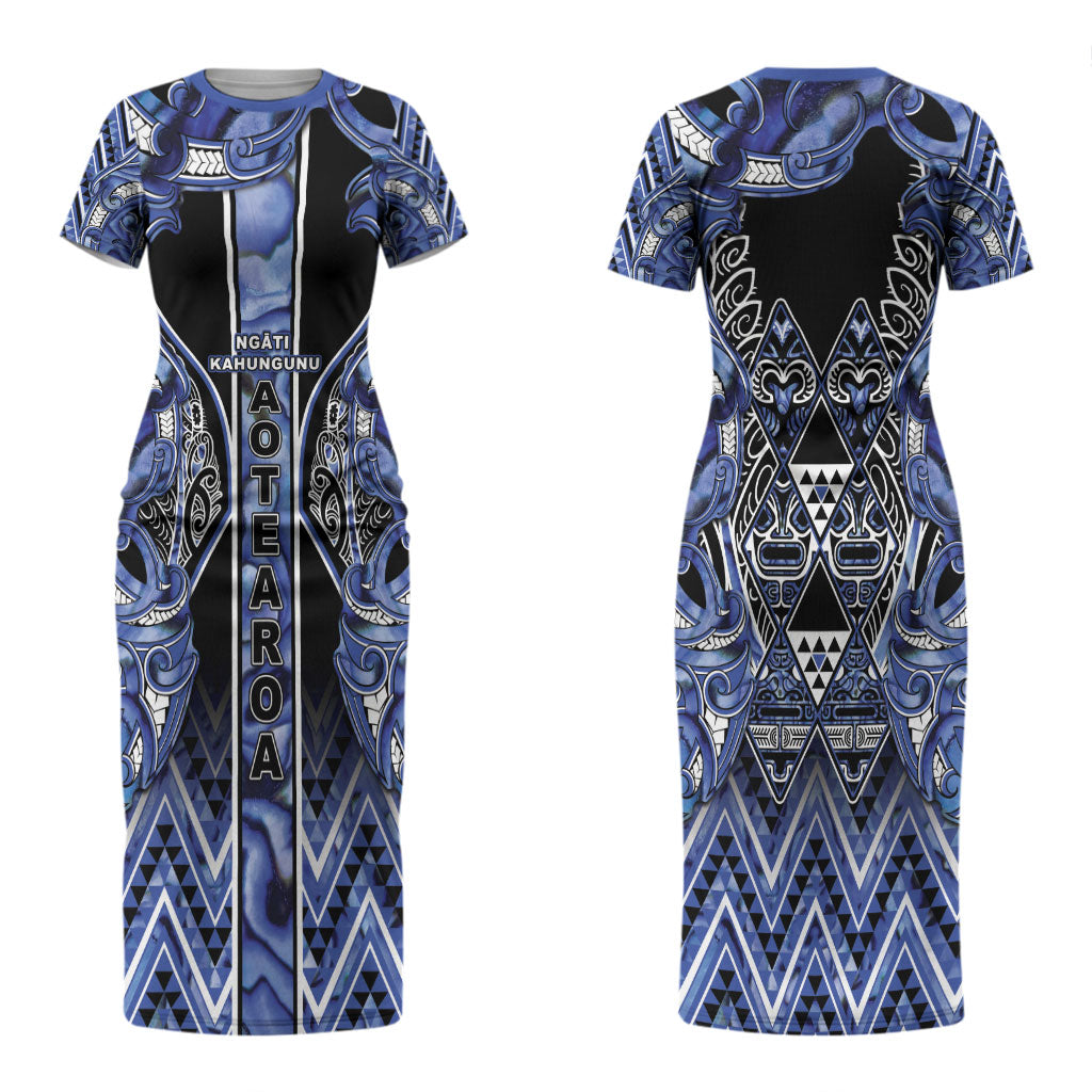 Aotearoa Ngati Kahungunu Couples Matching Short Sleeve Bodycon Dress and Long Sleeve Button Shirt Maori Tribal Blue Paua Shell Pattern DT05 - Polynesian Pride