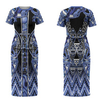 Aotearoa Ngati Kahungunu Couples Matching Short Sleeve Bodycon Dress and Long Sleeve Button Shirt Maori Tribal Blue Paua Shell Pattern DT05 - Polynesian Pride