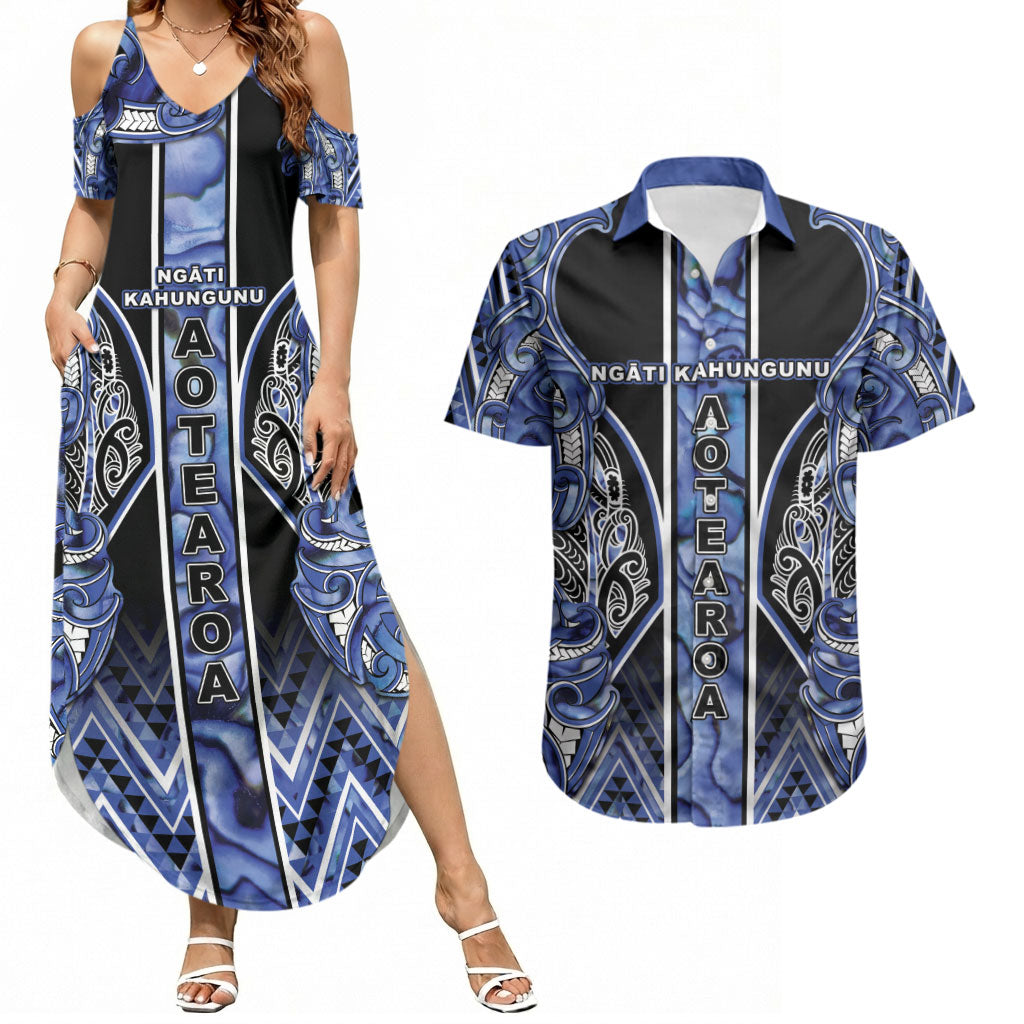 Aotearoa Ngati Kahungunu Couples Matching Summer Maxi Dress and Hawaiian Shirt Maori Tribal Blue Paua Shell Pattern DT05 Blue - Polynesian Pride