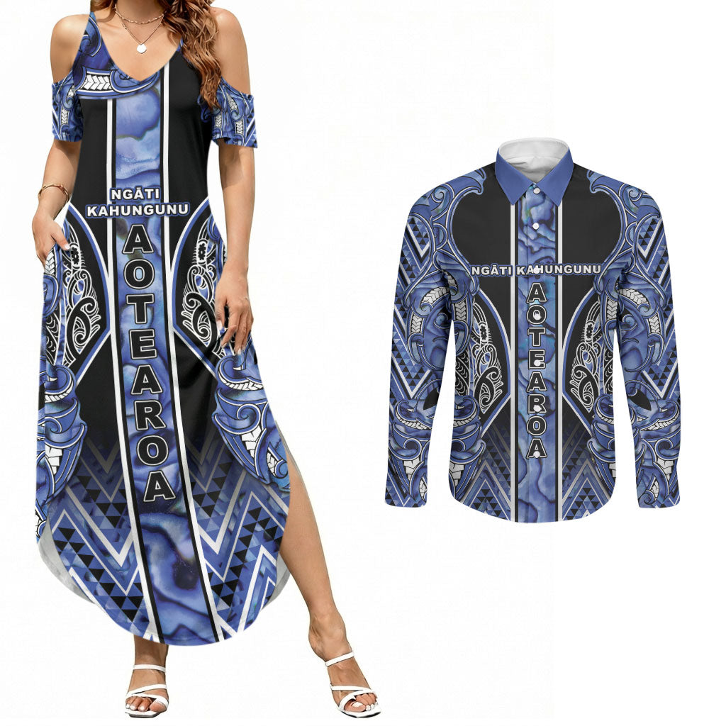 Aotearoa Ngati Kahungunu Couples Matching Summer Maxi Dress and Long Sleeve Button Shirt Maori Tribal Blue Paua Shell Pattern DT05 Blue - Polynesian Pride