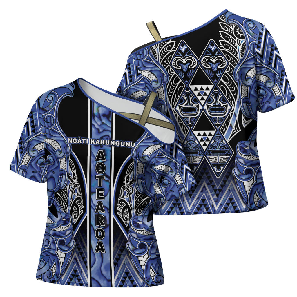 Aotearoa Ngati Kahungunu Cross Shoulder Shirt Maori Tribal Blue Paua Shell Pattern DT05 - Polynesian Pride