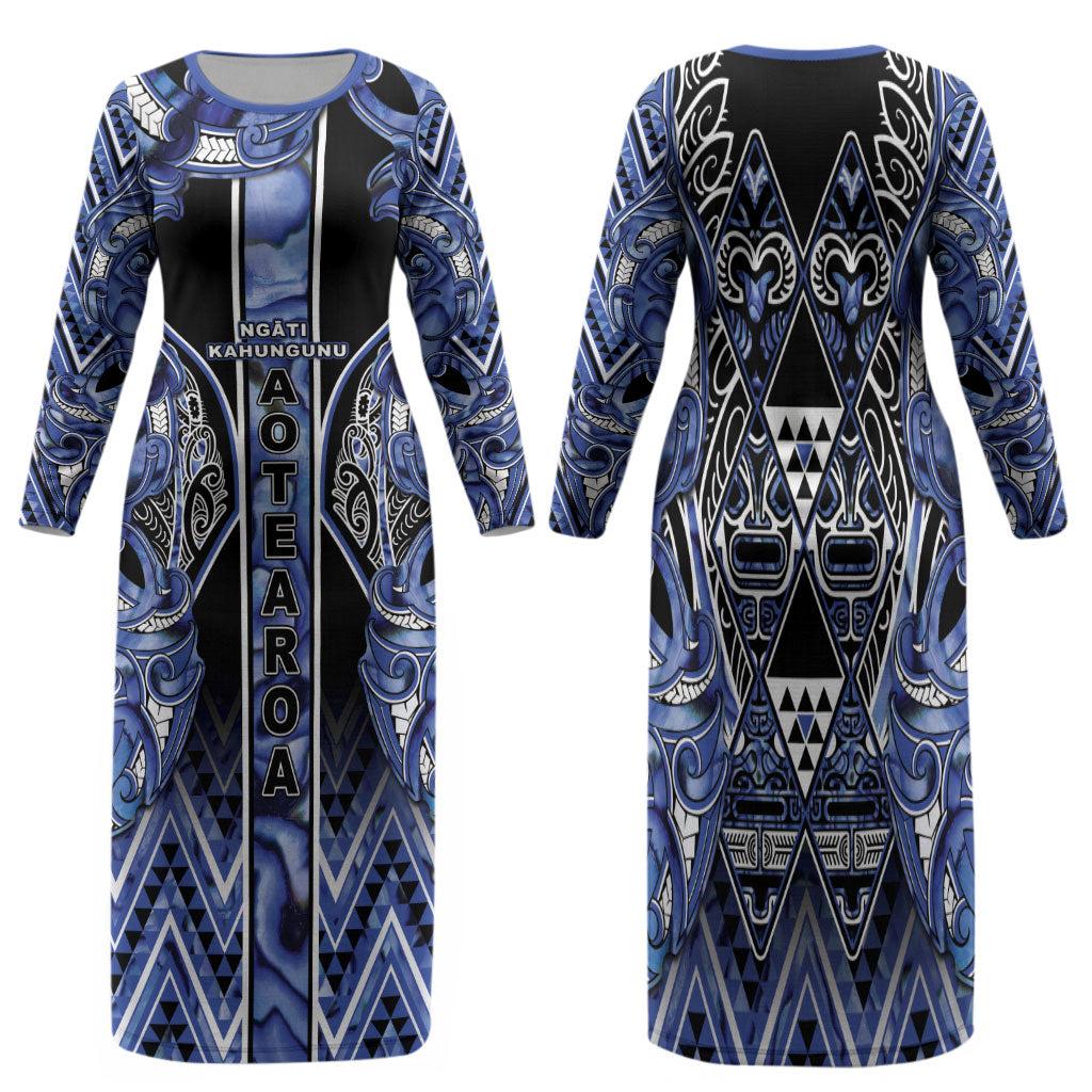 Aotearoa Ngati Kahungunu Family Matching Long Sleeve Bodycon Dress and Hawaiian Shirt Maori Tribal Blue Paua Shell Pattern DT05 Mom's Dress Blue - Polynesian Pride