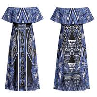 Aotearoa Ngati Kahungunu Family Matching Off Shoulder Maxi Dress and Hawaiian Shirt Maori Tribal Blue Paua Shell Pattern DT05 Mom's Dress Blue - Polynesian Pride