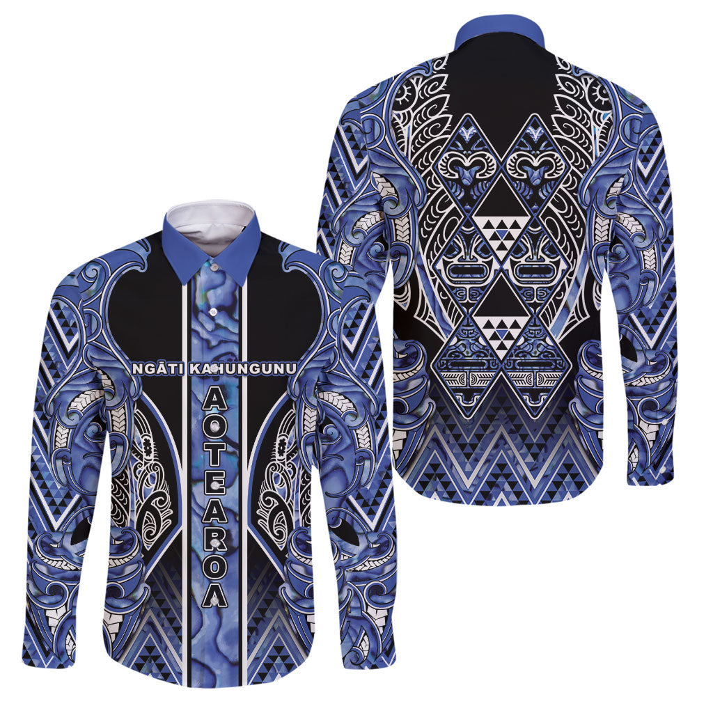Aotearoa Ngati Kahungunu Family Matching Off Shoulder Maxi Dress and Hawaiian Shirt Maori Tribal Blue Paua Shell Pattern DT05 Dad's Shirt - Long Sleeve Blue - Polynesian Pride