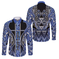 Aotearoa Ngati Kahungunu Family Matching Off Shoulder Short Dress and Hawaiian Shirt Maori Tribal Blue Paua Shell Pattern DT05 Dad's Shirt - Long Sleeve Blue - Polynesian Pride