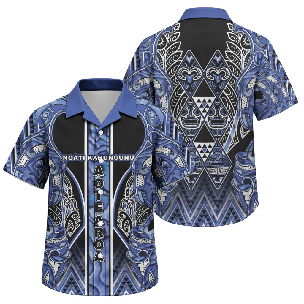 Aotearoa Ngati Kahungunu Family Matching Short Sleeve Bodycon Dress and Hawaiian Shirt Maori Tribal Blue Paua Shell Pattern DT05 Son's Shirt Blue - Polynesian Pride