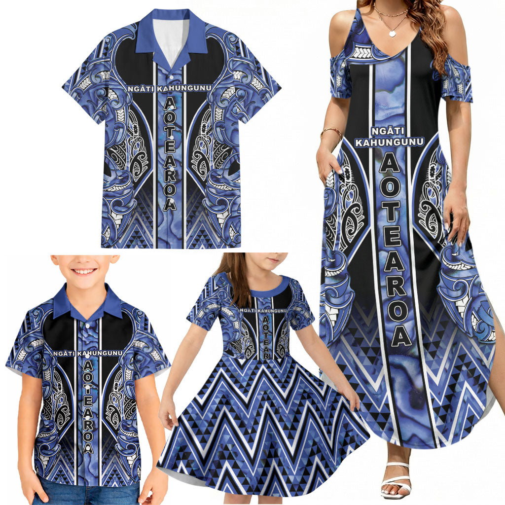 Aotearoa Ngati Kahungunu Family Matching Summer Maxi Dress and Hawaiian Shirt Maori Tribal Blue Paua Shell Pattern DT05 - Polynesian Pride