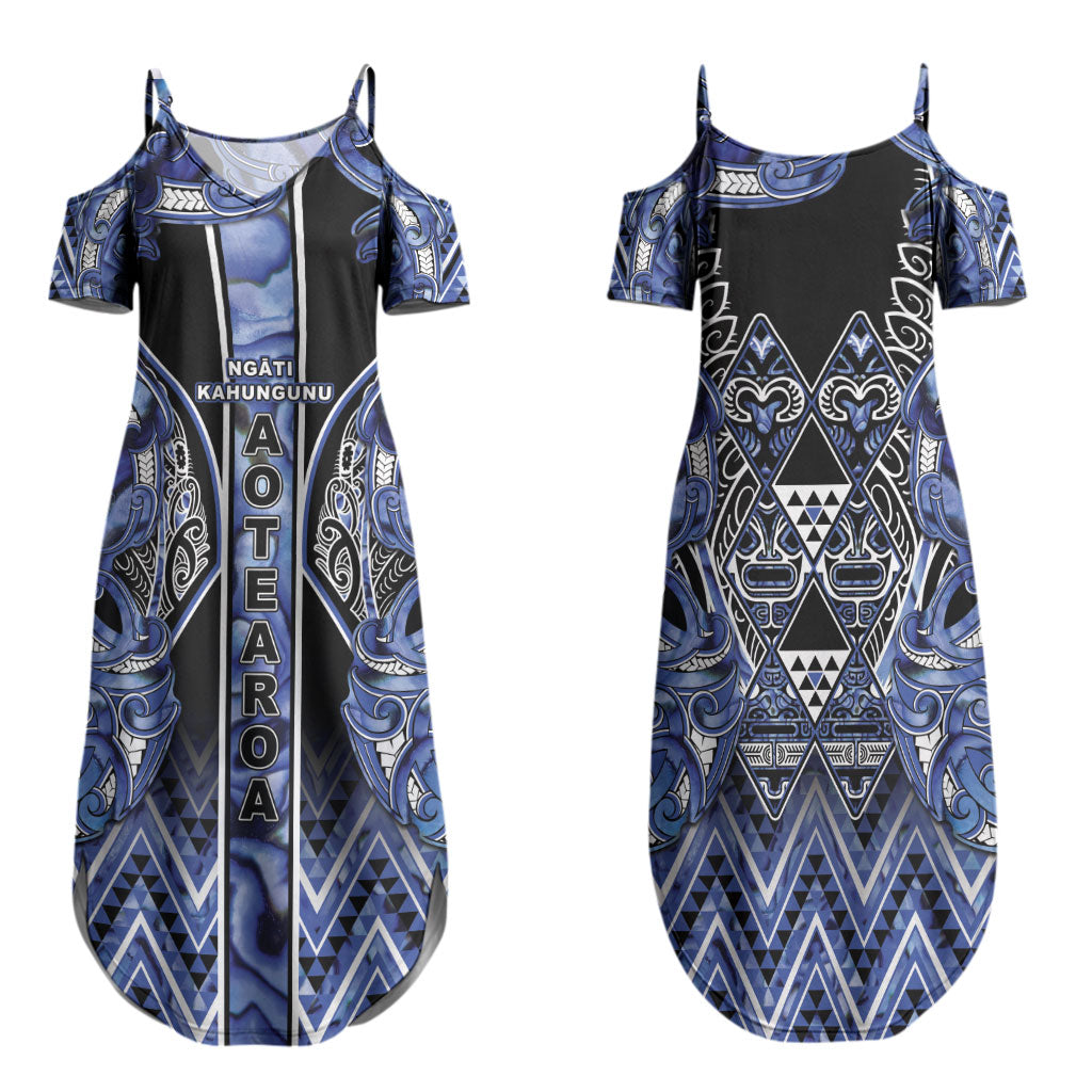 Aotearoa Ngati Kahungunu Family Matching Summer Maxi Dress and Hawaiian Shirt Maori Tribal Blue Paua Shell Pattern DT05 Mom's Dress Blue - Polynesian Pride