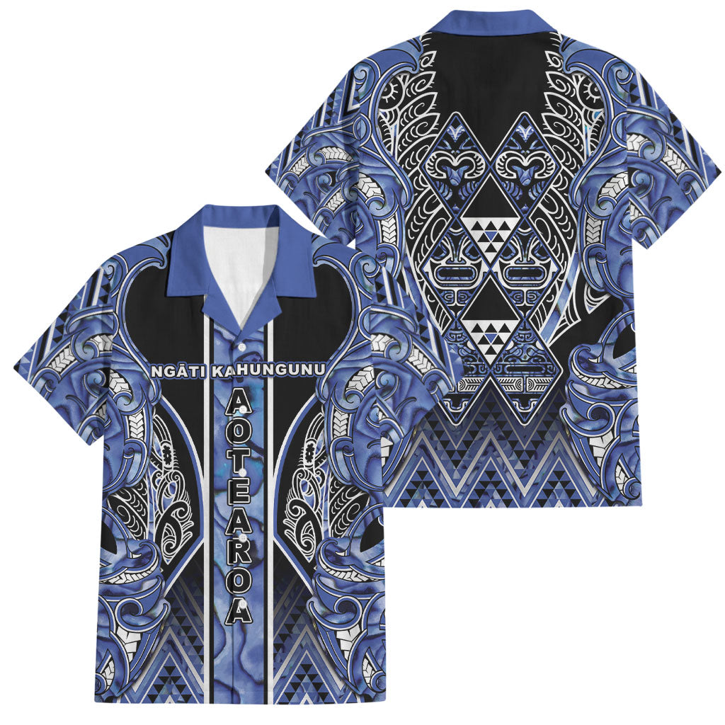 Aotearoa Ngati Kahungunu Family Matching Summer Maxi Dress and Hawaiian Shirt Maori Tribal Blue Paua Shell Pattern DT05 Dad's Shirt - Short Sleeve Blue - Polynesian Pride
