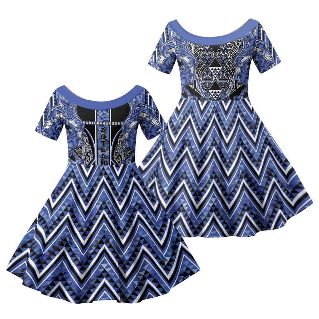 Aotearoa Ngati Kahungunu Family Matching Tank Maxi Dress and Hawaiian Shirt Maori Tribal Blue Paua Shell Pattern DT05 Daughter's Dress Blue - Polynesian Pride