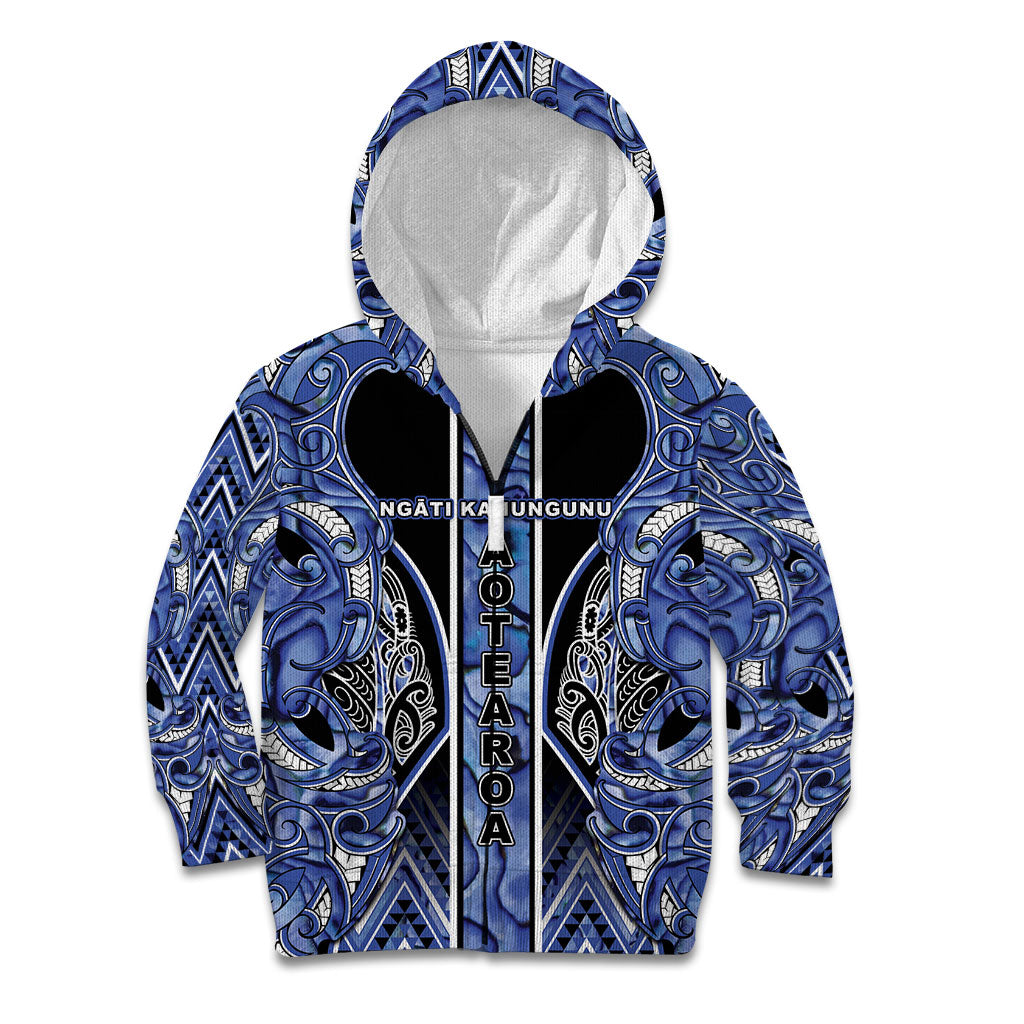 Aotearoa Ngati Kahungunu Kid Hoodie Maori Tribal Blue Paua Shell Pattern DT05 Zip Hoodie Blue - Polynesian Pride