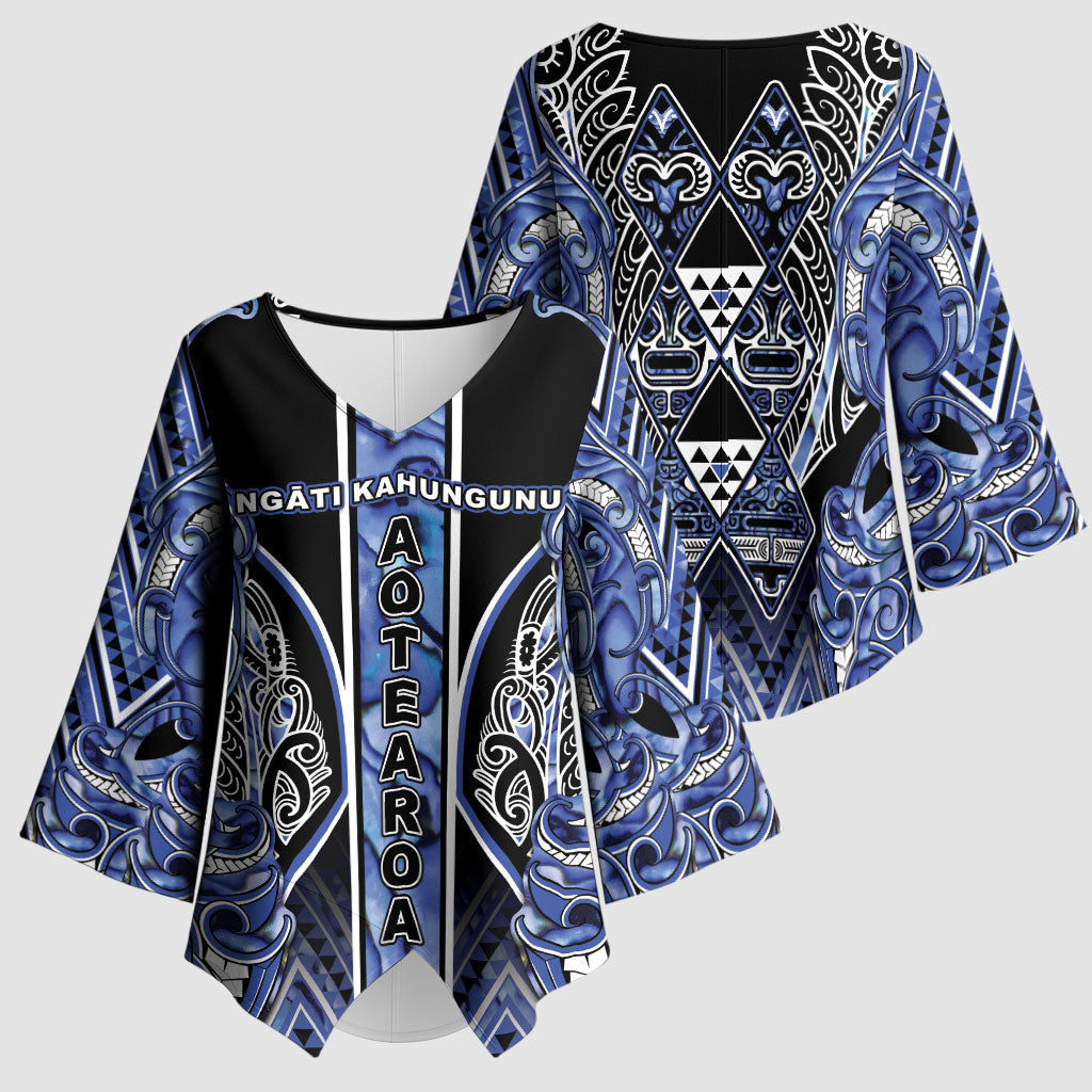 Aotearoa Ngati Kahungunu Kimono Sleeve Blouse Maori Tribal Blue Paua Shell Pattern DT05 - Polynesian Pride