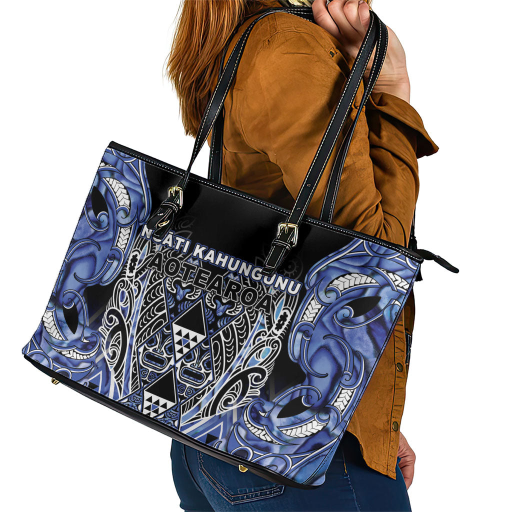 Aotearoa Ngati Kahungunu Leather Tote Bag Maori Tribal Blue Paua Shell Pattern DT05 - Polynesian Pride