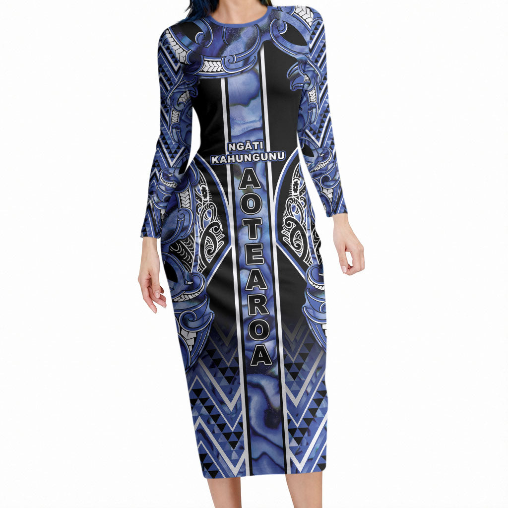 Aotearoa Ngati Kahungunu Long Sleeve Bodycon Dress Maori Tribal Blue Paua Shell Pattern DT05 Long Dress Blue - Polynesian Pride