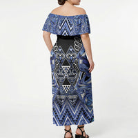 Aotearoa Ngati Kahungunu Off Shoulder Maxi Dress Maori Tribal Blue Paua Shell Pattern DT05 - Polynesian Pride