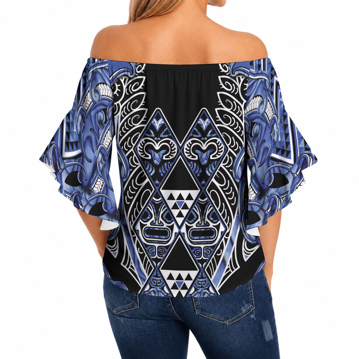 Aotearoa Ngati Kahungunu Off Shoulder Wrap Waist Top Maori Tribal Blue Paua Shell Pattern DT05 - Polynesian Pride