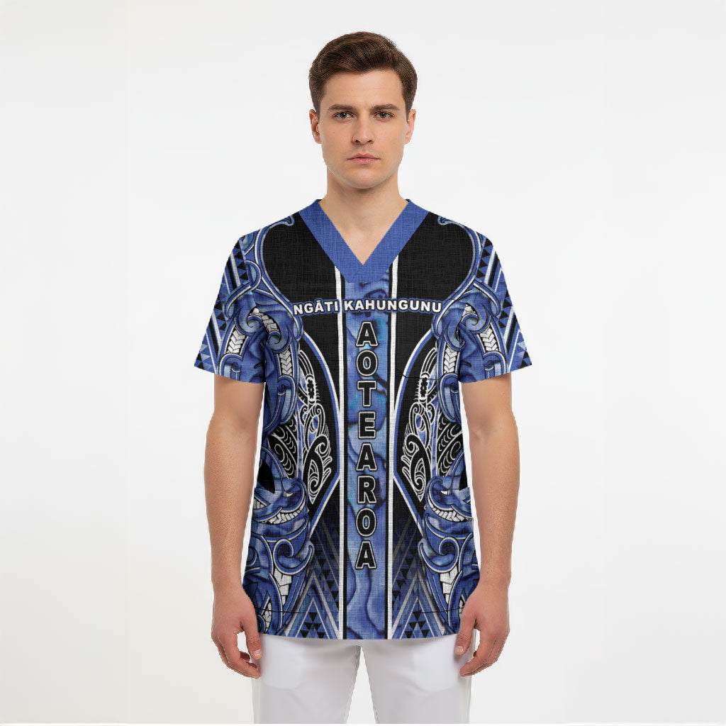 Aotearoa Ngati Kahungunu Scrub Top Maori Tribal Blue Paua Shell Pattern DT05 - Polynesian Pride