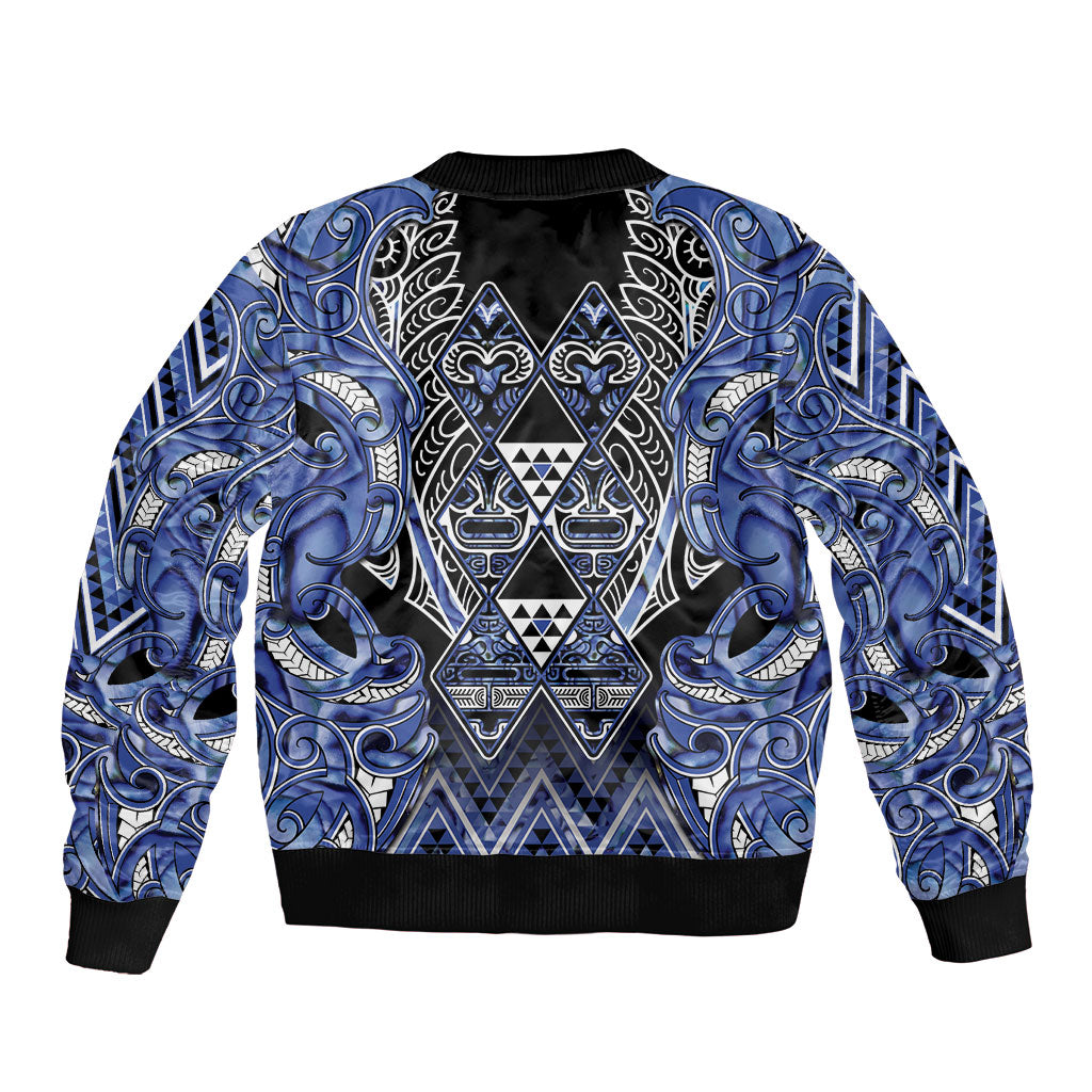 Aotearoa Ngati Kahungunu Sleeve Zip Bomber Jacket Maori Tribal Blue Paua Shell Pattern DT05 - Polynesian Pride
