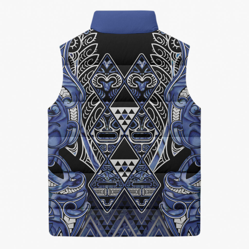 Aotearoa Ngati Kahungunu Sleeveless Puffer Jacket Maori Tribal Blue Paua Shell Pattern DT05 - Polynesian Pride