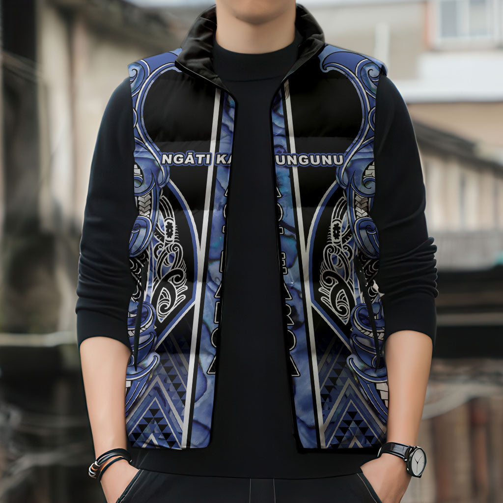 Aotearoa Ngati Kahungunu Sleeveless Puffer Jacket Maori Tribal Blue Paua Shell Pattern DT05 - Polynesian Pride