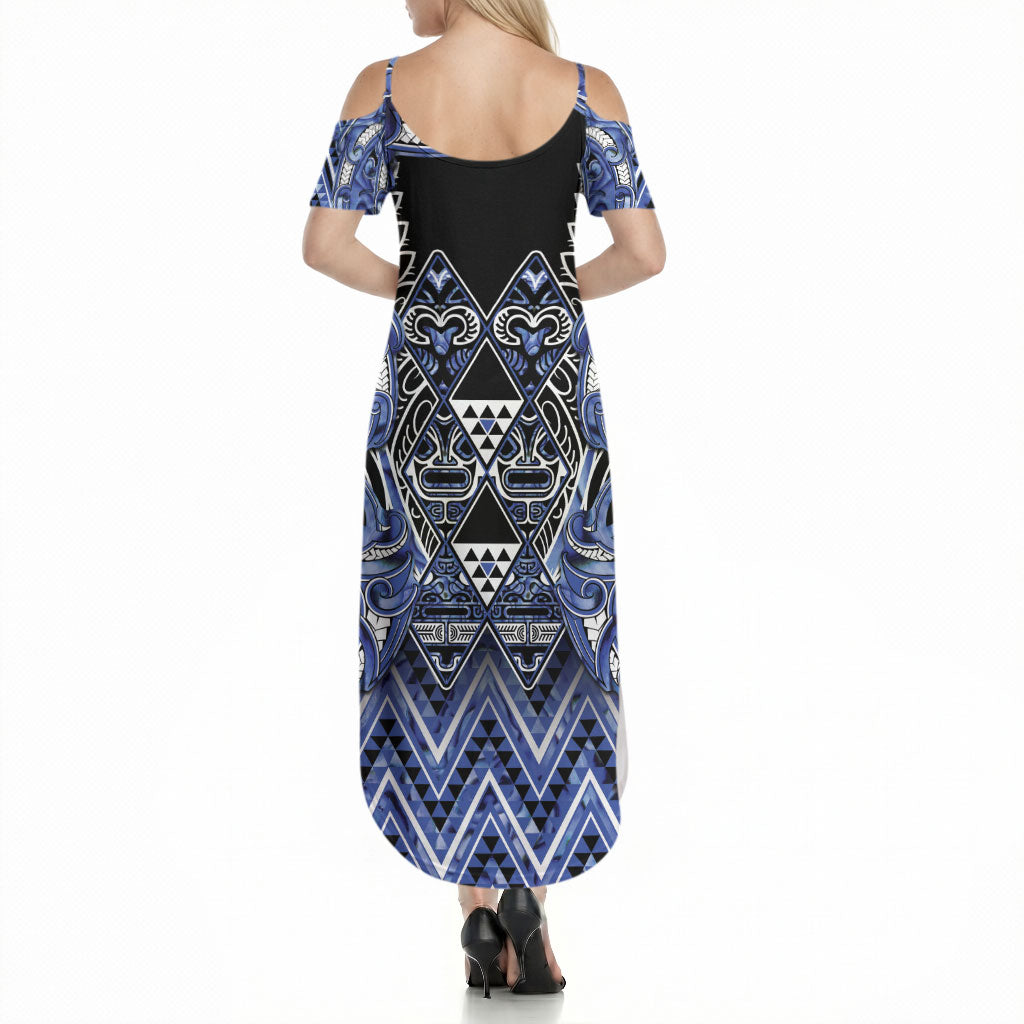 Aotearoa Ngati Kahungunu Summer Maxi Dress Maori Tribal Blue Paua Shell Pattern DT05 - Polynesian Pride