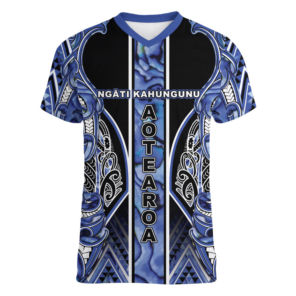Aotearoa Ngati Kahungunu Women V-Neck T-Shirt Maori Tribal Blue Paua Shell Pattern DT05 Female Blue - Polynesian Pride