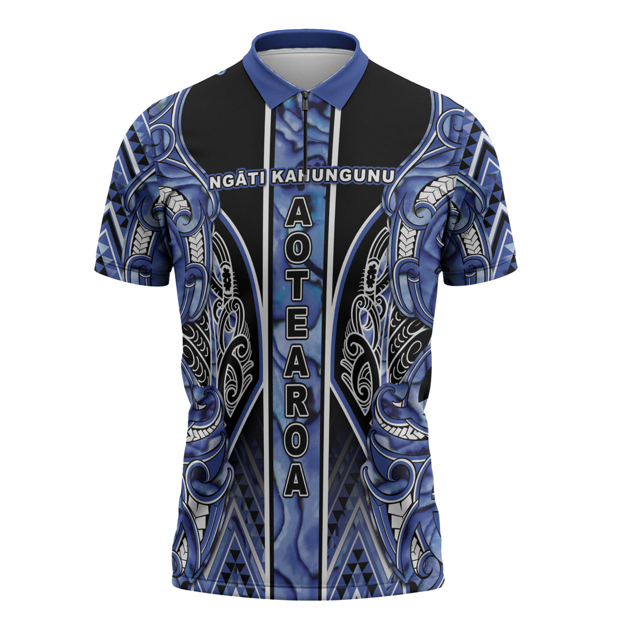 Aotearoa Ngati Kahungunu Zipper Polo Shirt Maori Tribal Blue Paua Shell Pattern DT05 Blue - Polynesian Pride