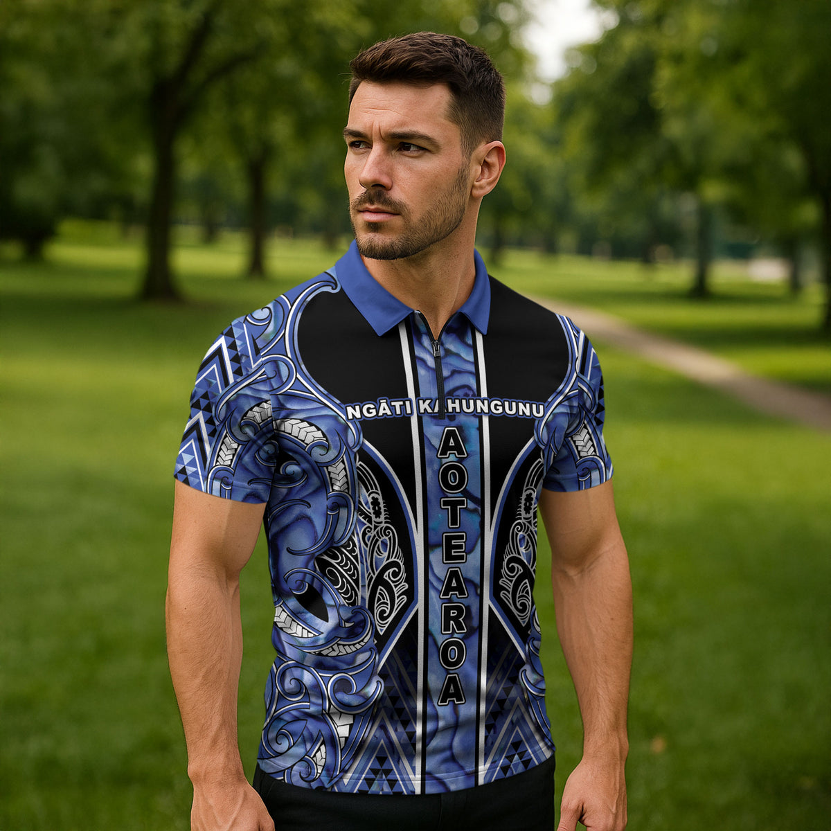 Aotearoa Ngati Kahungunu Zipper Polo Shirt Maori Tribal Blue Paua Shell Pattern DT05 - Polynesian Pride