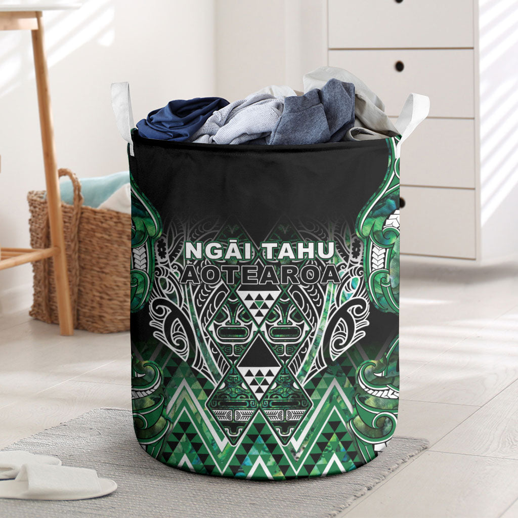 Aotearoa Ngai Tahu Laundry Basket Maori Tribal Dark Green Paua Shell Pattern DT05 Green - Polynesian Pride