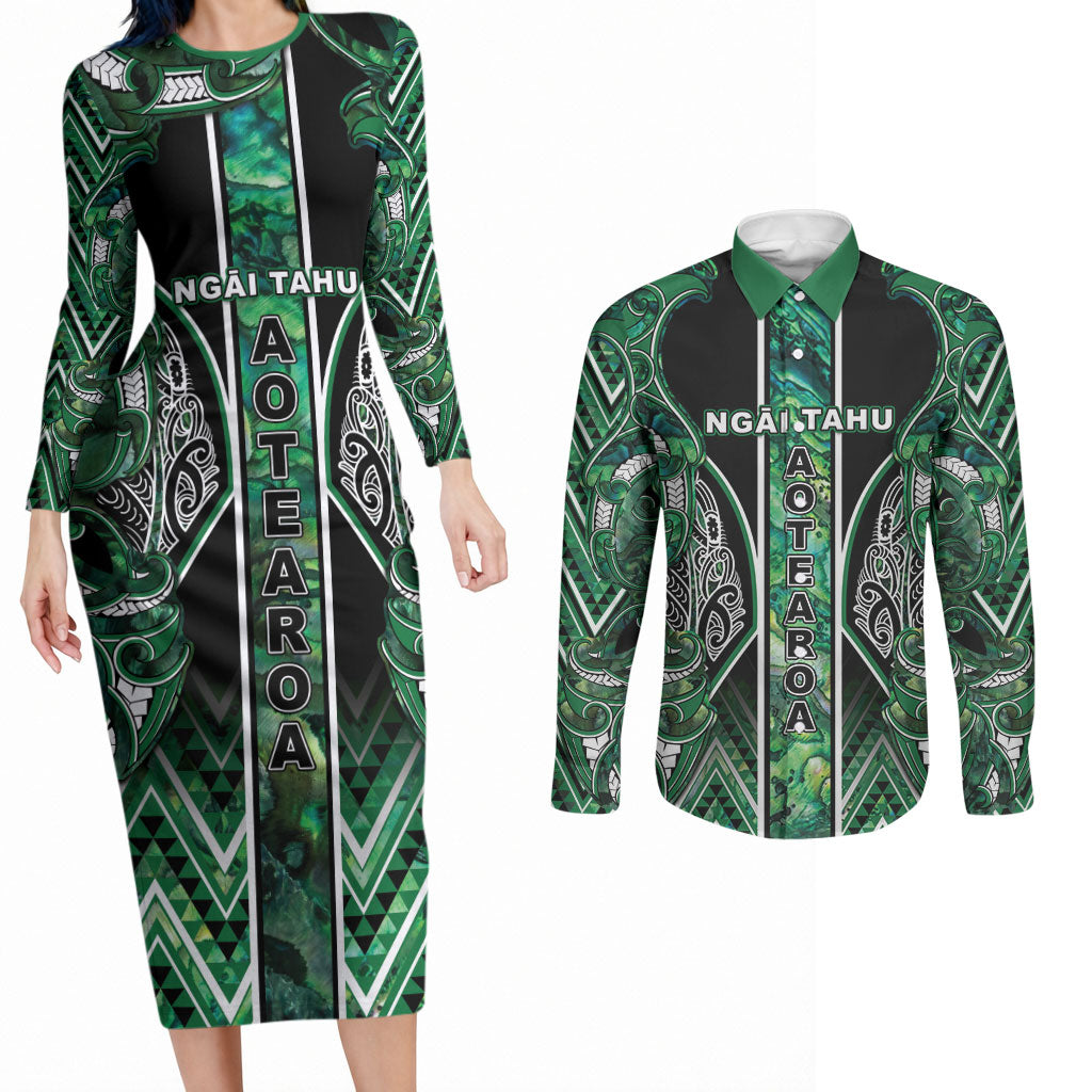 Aotearoa Ngai Tahu Couples Matching Long Sleeve Bodycon Dress and Long Sleeve Button Shirt Maori Tribal Dark Green Paua Shell Pattern DT05 Green - Polynesian Pride