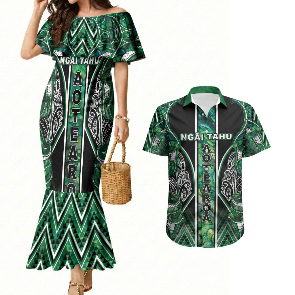 Aotearoa Ngai Tahu Couples Matching Mermaid Dress and Hawaiian Shirt Maori Tribal Dark Green Paua Shell Pattern DT05 Green - Polynesian Pride