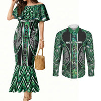 Aotearoa Ngai Tahu Couples Matching Mermaid Dress and Long Sleeve Button Shirt Maori Tribal Dark Green Paua Shell Pattern DT05 Green - Polynesian Pride