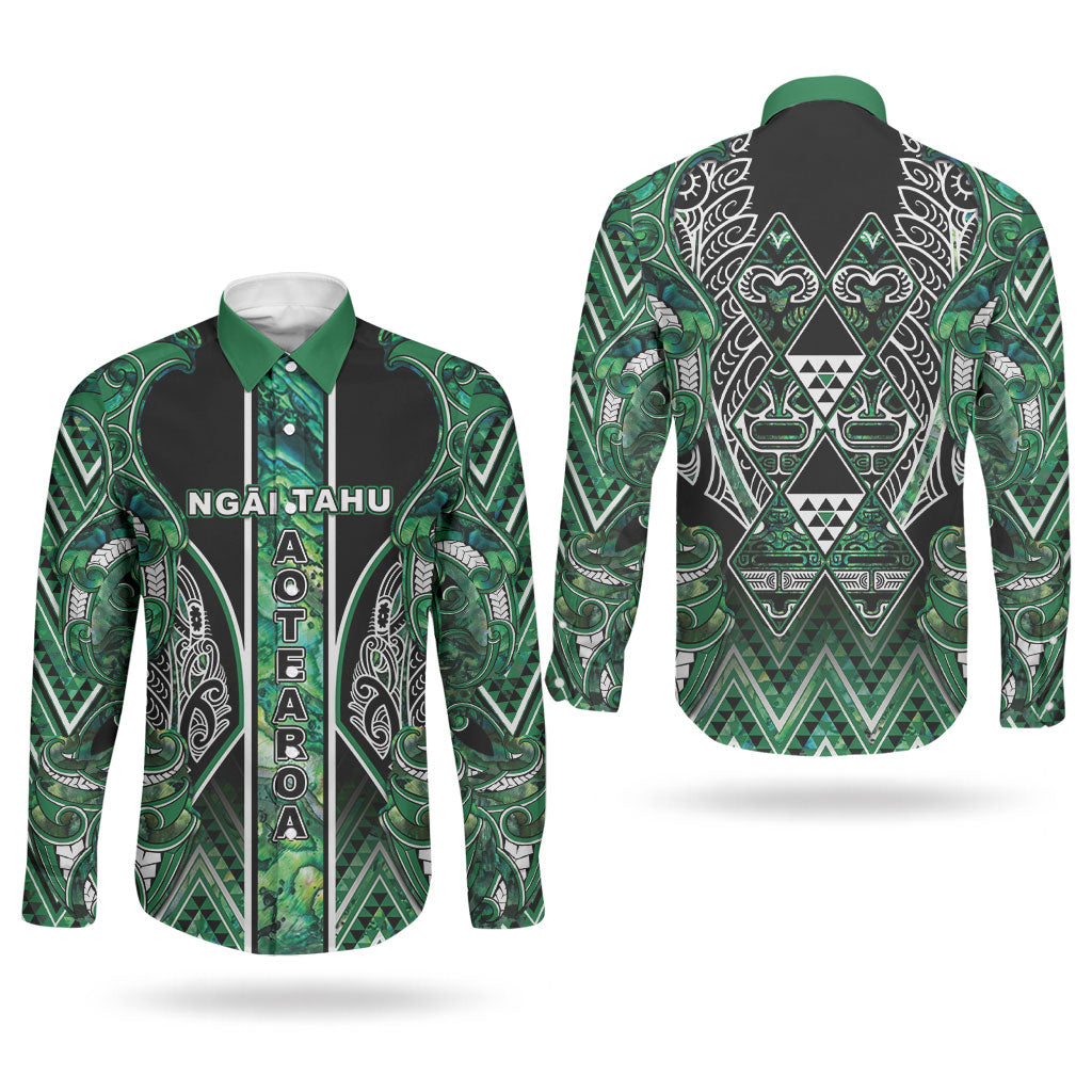 Aotearoa Ngai Tahu Couples Matching Mermaid Dress and Long Sleeve Button Shirt Maori Tribal Dark Green Paua Shell Pattern DT05 - Polynesian Pride