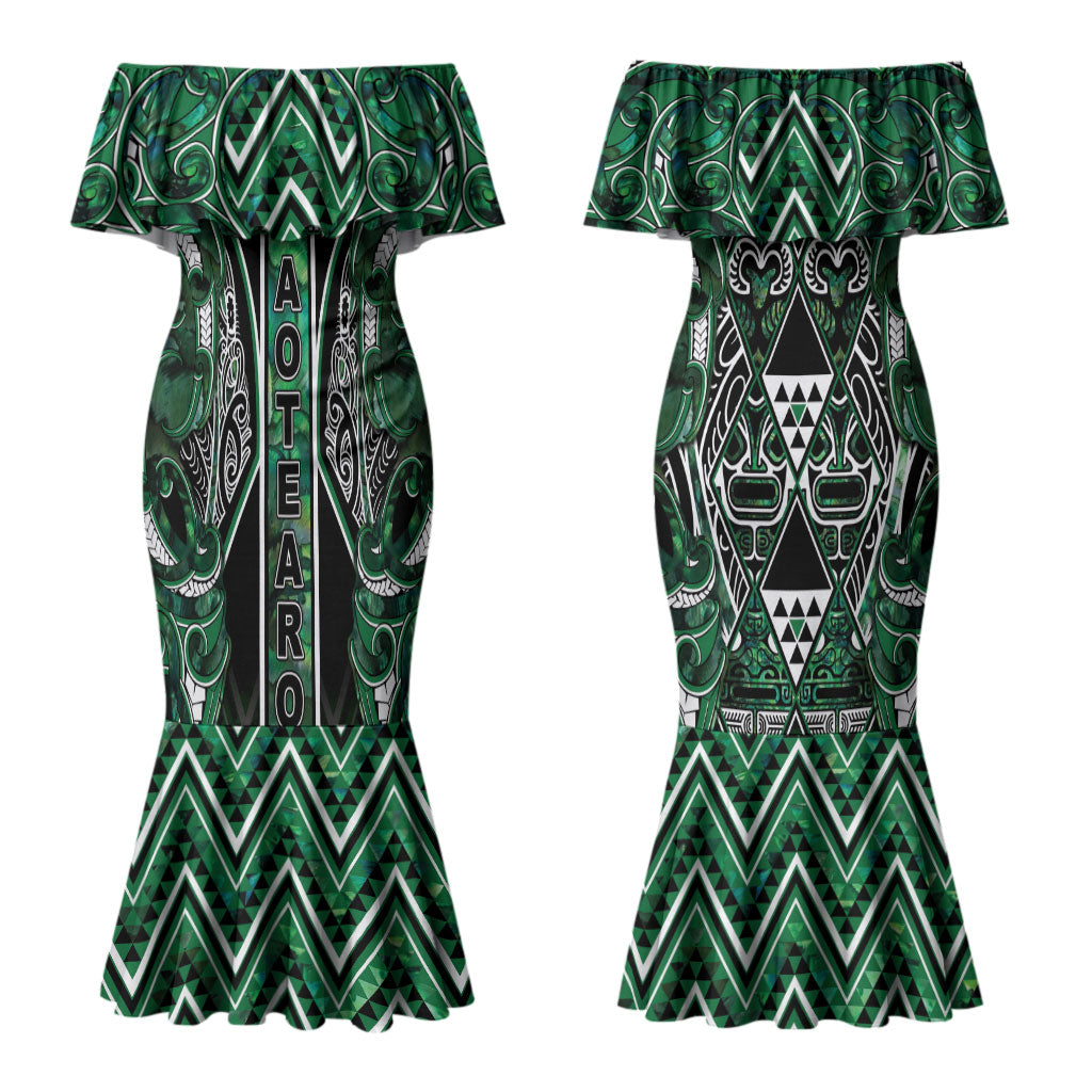 Aotearoa Ngai Tahu Couples Matching Mermaid Dress and Long Sleeve Button Shirt Maori Tribal Dark Green Paua Shell Pattern DT05 - Polynesian Pride