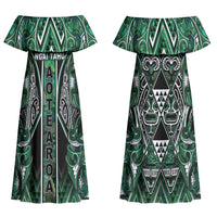 Aotearoa Ngai Tahu Couples Matching Off Shoulder Maxi Dress and Hawaiian Shirt Maori Tribal Dark Green Paua Shell Pattern DT05 - Polynesian Pride