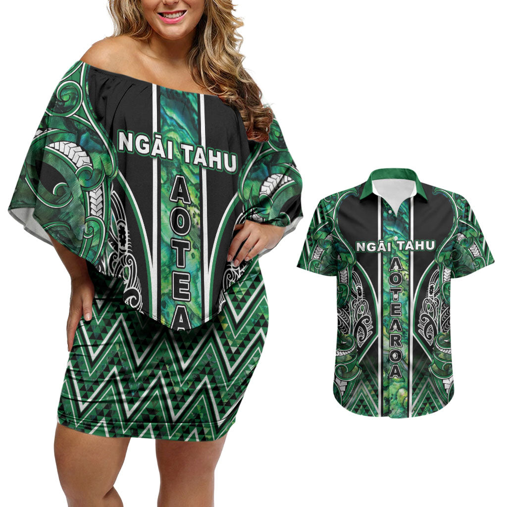 Aotearoa Ngai Tahu Couples Matching Off Shoulder Short Dress and Hawaiian Shirt Maori Tribal Dark Green Paua Shell Pattern DT05 Green - Polynesian Pride