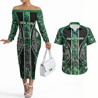Aotearoa Ngai Tahu Couples Matching Off The Shoulder Long Sleeve Dress and Hawaiian Shirt Maori Tribal Dark Green Paua Shell Pattern DT05 Green - Polynesian Pride