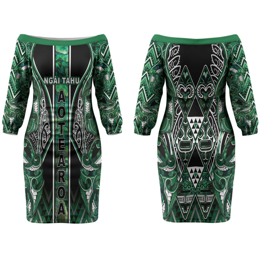 Aotearoa Ngai Tahu Couples Matching Off The Shoulder Long Sleeve Dress and Hawaiian Shirt Maori Tribal Dark Green Paua Shell Pattern DT05 - Polynesian Pride