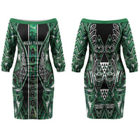 Aotearoa Ngai Tahu Couples Matching Off The Shoulder Long Sleeve Dress and Hawaiian Shirt Maori Tribal Dark Green Paua Shell Pattern DT05 - Polynesian Pride