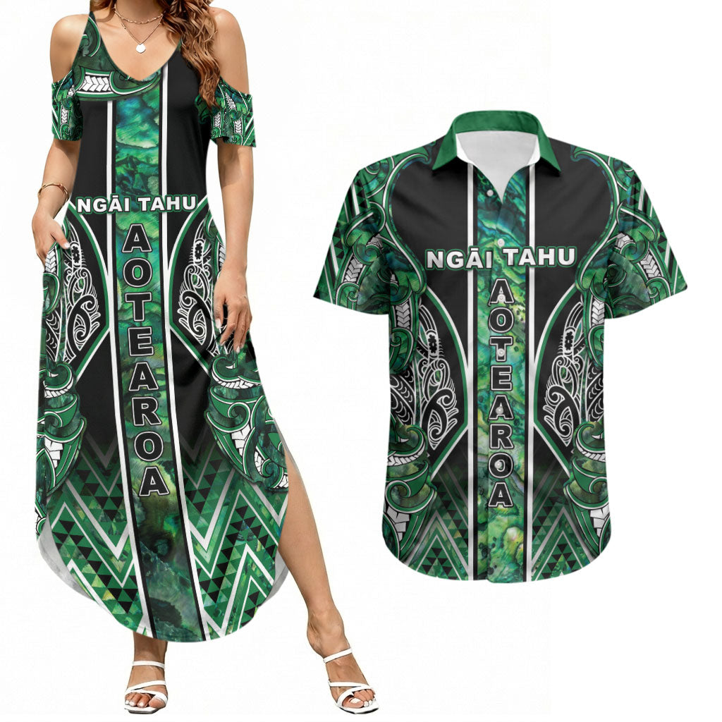 Aotearoa Ngai Tahu Couples Matching Summer Maxi Dress and Hawaiian Shirt Maori Tribal Dark Green Paua Shell Pattern DT05 Green - Polynesian Pride