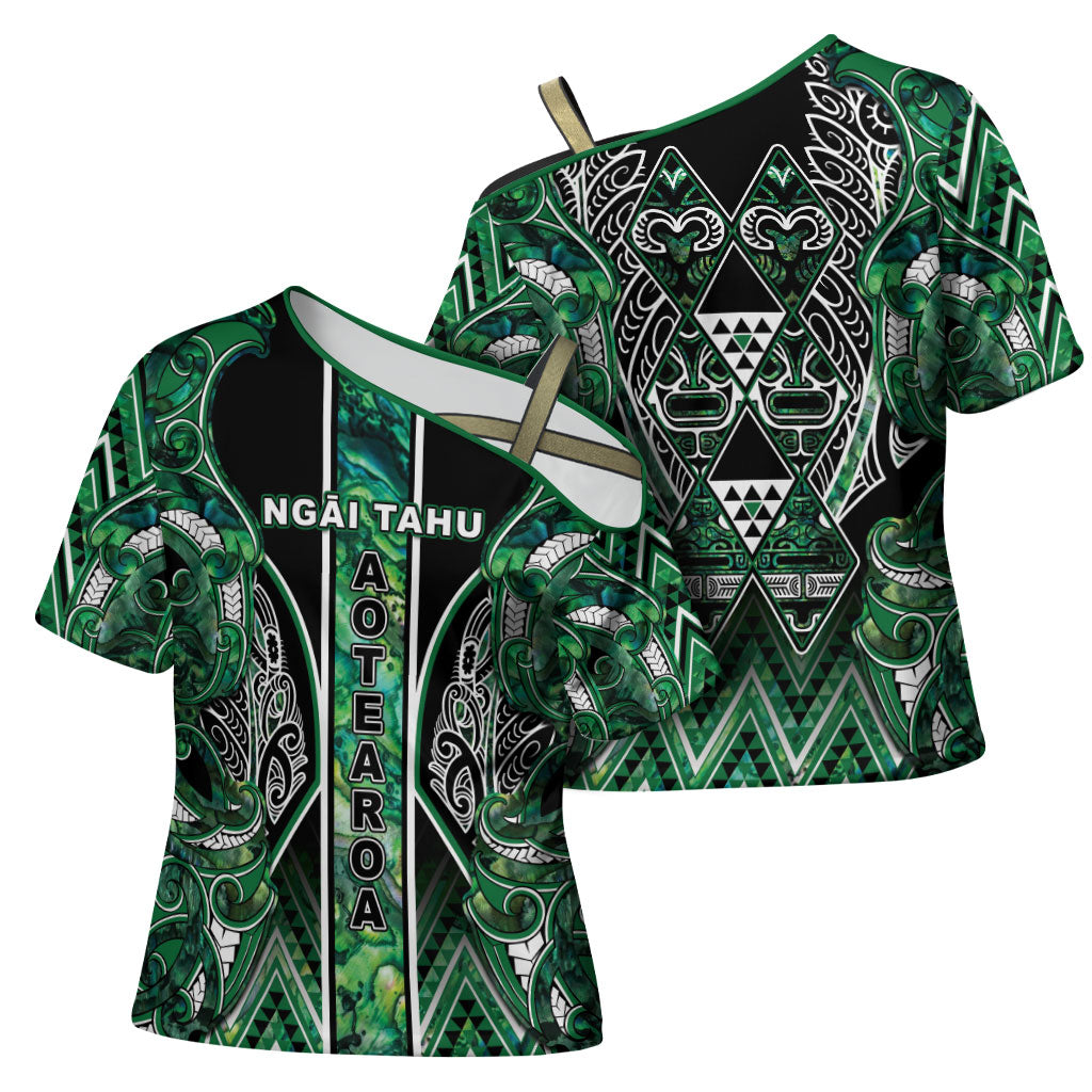 Aotearoa Ngai Tahu Cross Shoulder Shirt Maori Tribal Dark Green Paua Shell Pattern DT05 - Polynesian Pride