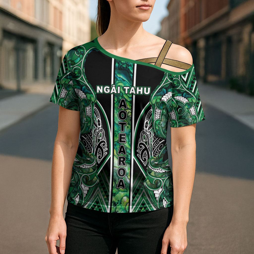 Aotearoa Ngai Tahu Cross Shoulder Shirt Maori Tribal Dark Green Paua Shell Pattern DT05 - Polynesian Pride