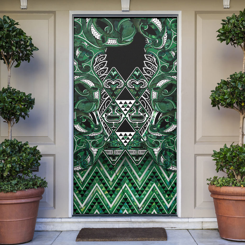 Aotearoa Ngai Tahu Door Cover Maori Tribal Dark Green Paua Shell Pattern DT05 Green - Polynesian Pride