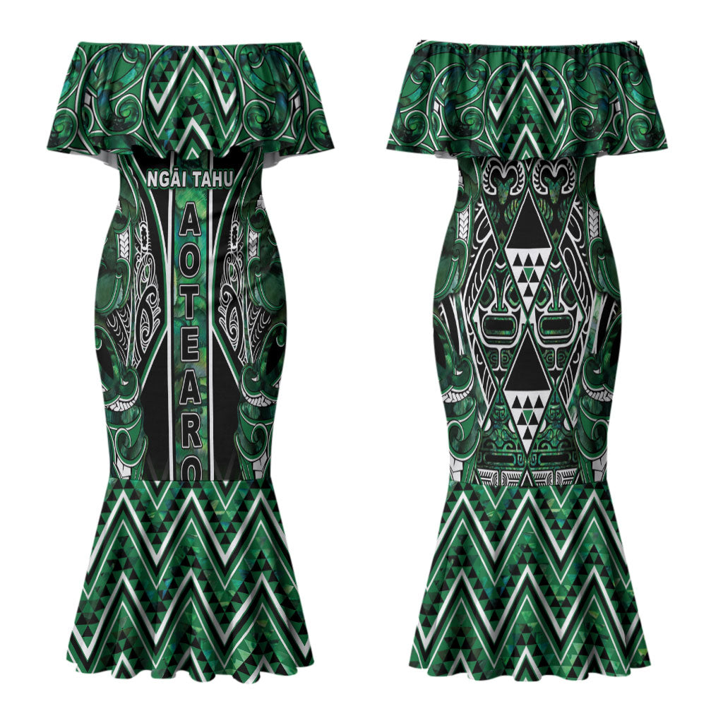 Aotearoa Ngai Tahu Family Matching Mermaid Dress and Hawaiian Shirt Maori Tribal Dark Green Paua Shell Pattern DT05 Mom's Dress Green - Polynesian Pride