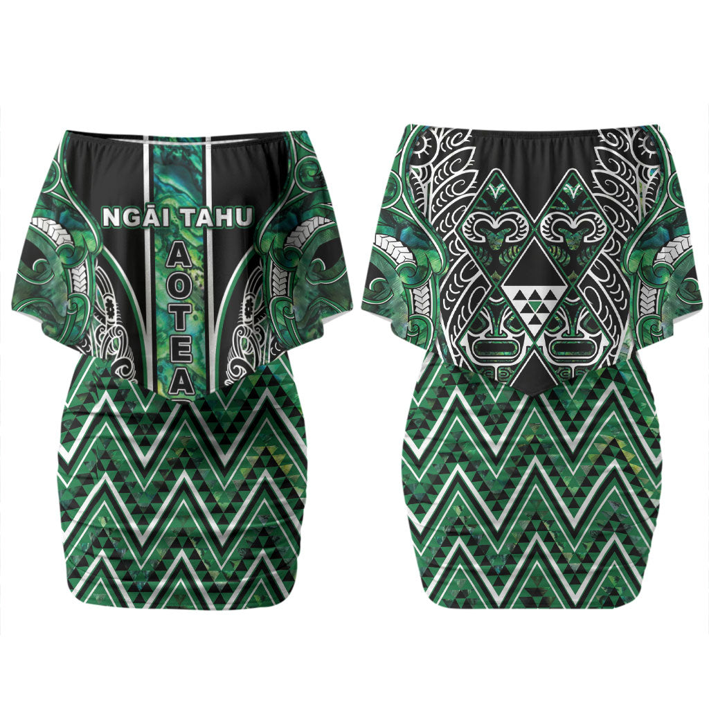 Aotearoa Ngai Tahu Family Matching Off Shoulder Short Dress and Hawaiian Shirt Maori Tribal Dark Green Paua Shell Pattern DT05 Mom's Dress Green - Polynesian Pride