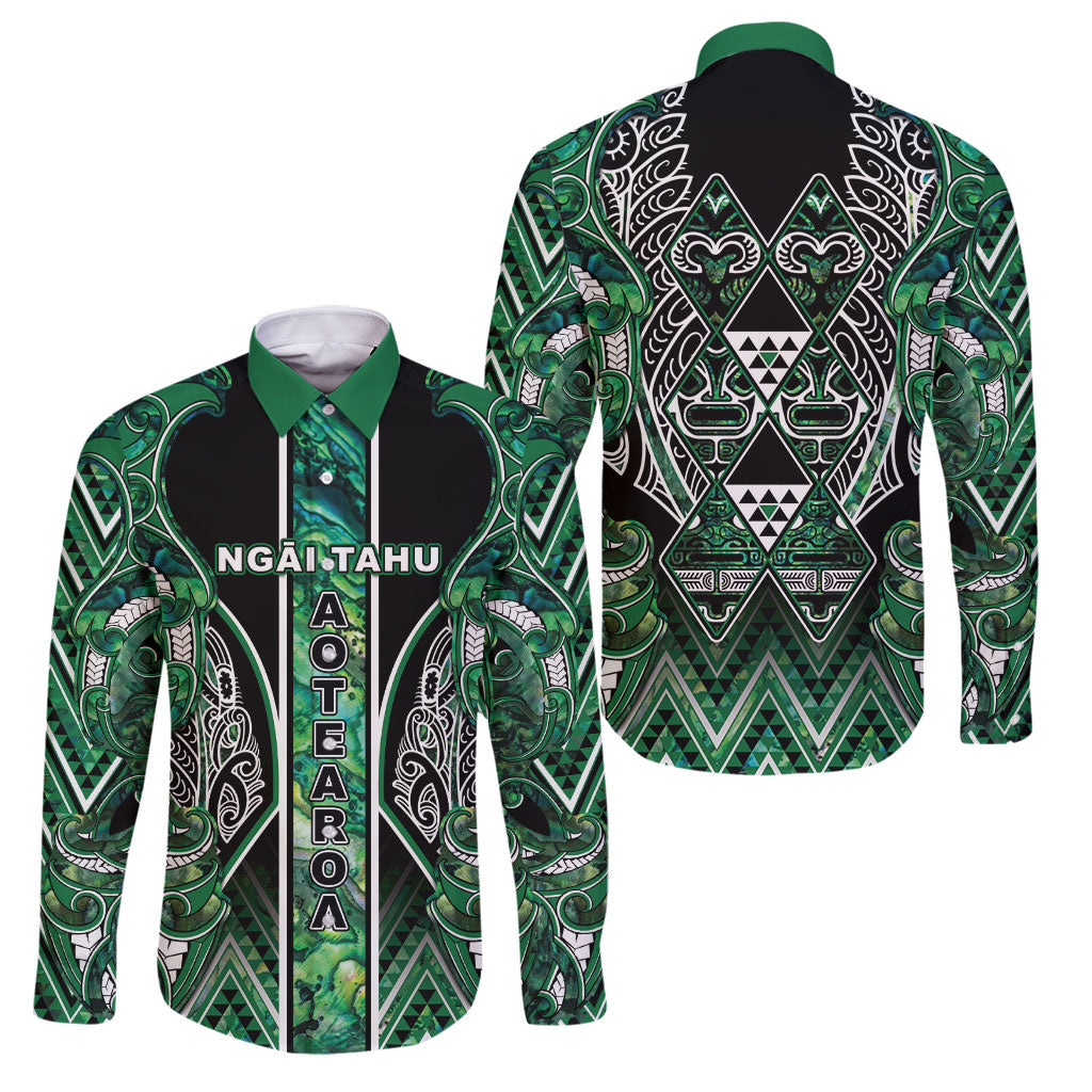 Aotearoa Ngai Tahu Family Matching Off Shoulder Short Dress and Hawaiian Shirt Maori Tribal Dark Green Paua Shell Pattern DT05 Dad's Shirt - Long Sleeve Green - Polynesian Pride