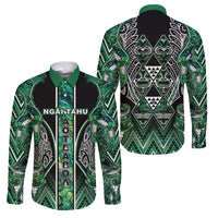 Aotearoa Ngai Tahu Family Matching Off Shoulder Short Dress and Hawaiian Shirt Maori Tribal Dark Green Paua Shell Pattern DT05 Dad's Shirt - Long Sleeve Green - Polynesian Pride