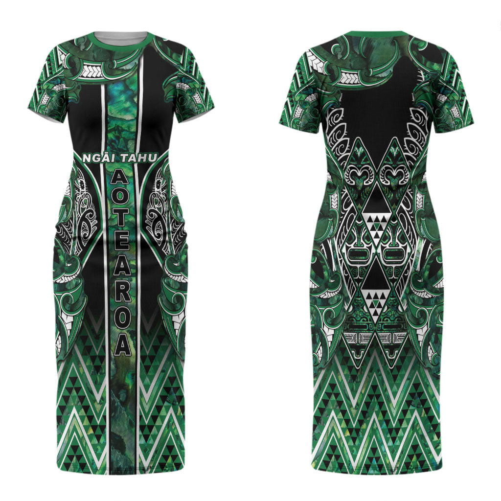 Aotearoa Ngai Tahu Family Matching Short Sleeve Bodycon Dress and Hawaiian Shirt Maori Tribal Dark Green Paua Shell Pattern DT05 Mom's Dress Green - Polynesian Pride